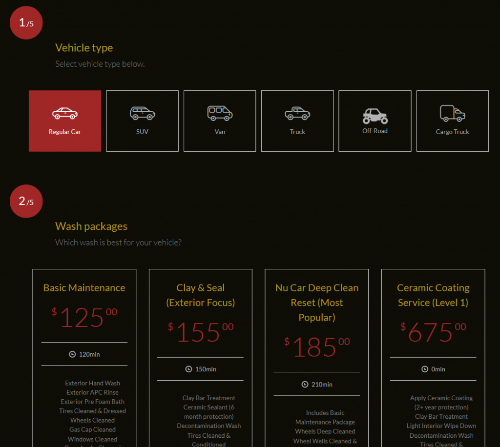 Screenshot of customer website called Nu Car Mobile Detailing custom website booking solution
