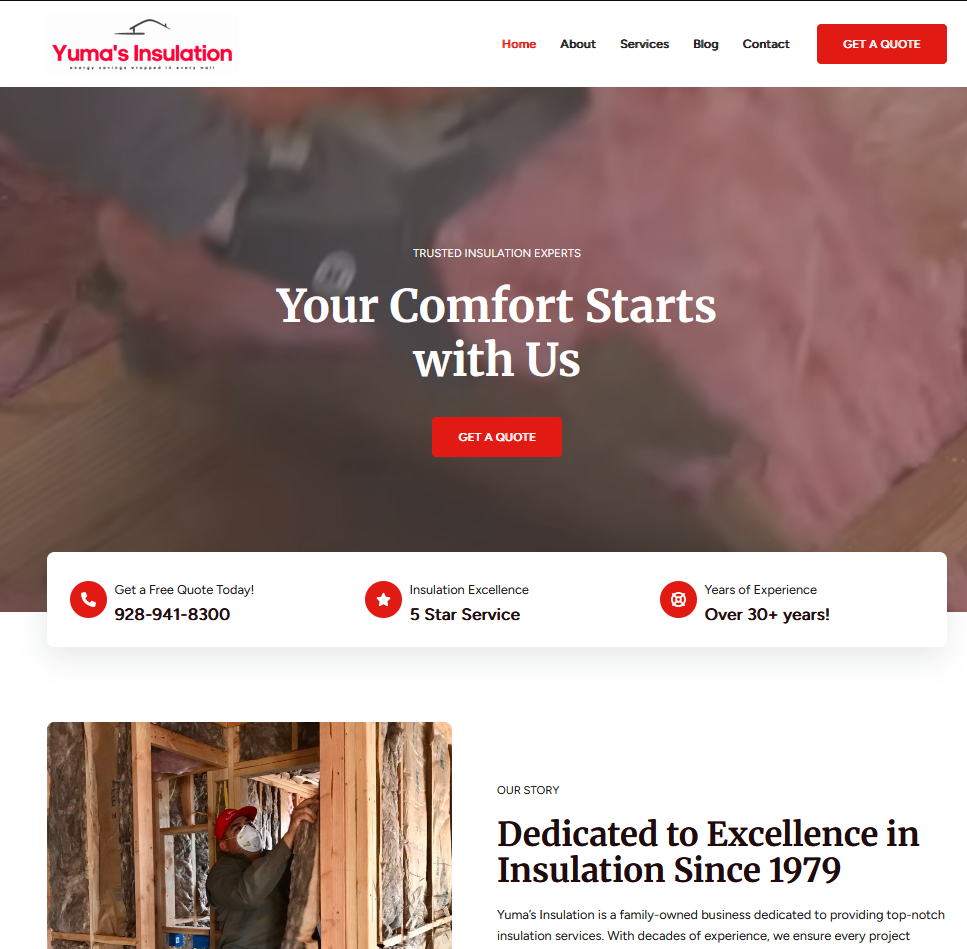 Screenshot of customer website called Yumas Insulation